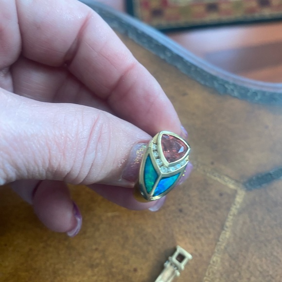 TURMALINE, INLAID OPAL & DIAMOND IN 14KT GOLD RING  & EARRINGS.  Could Be Kavana - Picture 10 of 11